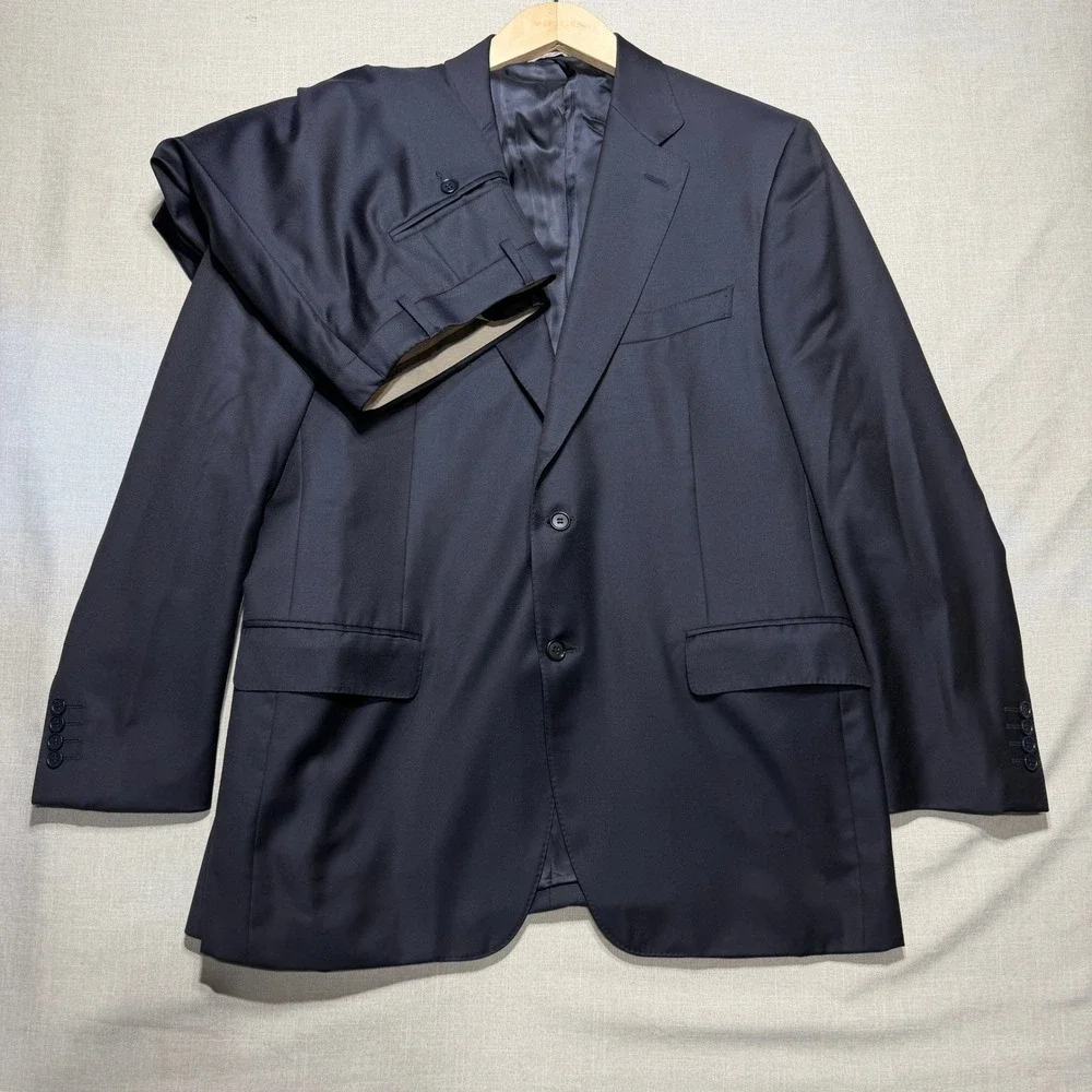 Canali Suit Men 44 - 37x33 Navy Blue Solid LS 2-Button Wool Italian Luxury